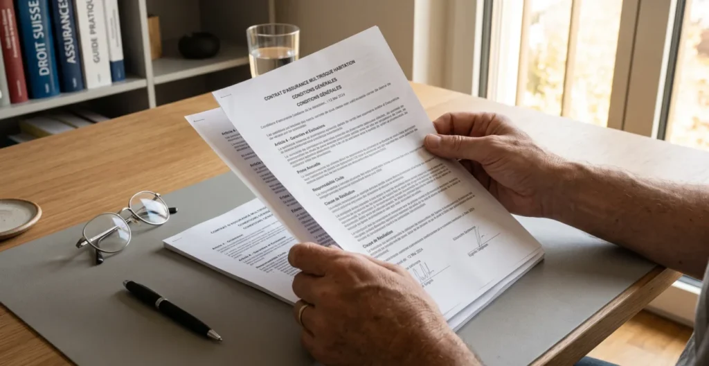 Mains tenant et lisant un contrat d'assurance multipages sur un bureau moderne avec des lunettes de lecture posées à côté Mains tenant et lisant un contrat d'assurance multipages sur un bureau moderne avec des lunettes de lecture posées à côté